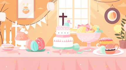 Fototapeta premium Easter brunch, Easter bonnet, pastel colors, religious symbols, cute crosses, flat design illustration