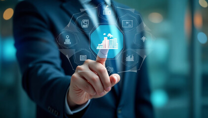 Project management concept, Planning the successful and efficient implementation of the project in the specified time period. Businessman touching project management icon on virtual screen.