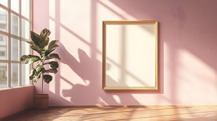 Empty gold frame, light pink wall, wooden floor, window shadow, sunlight streaming, minimalist interior, clean design, art gallery atmosphere, blank canvas.