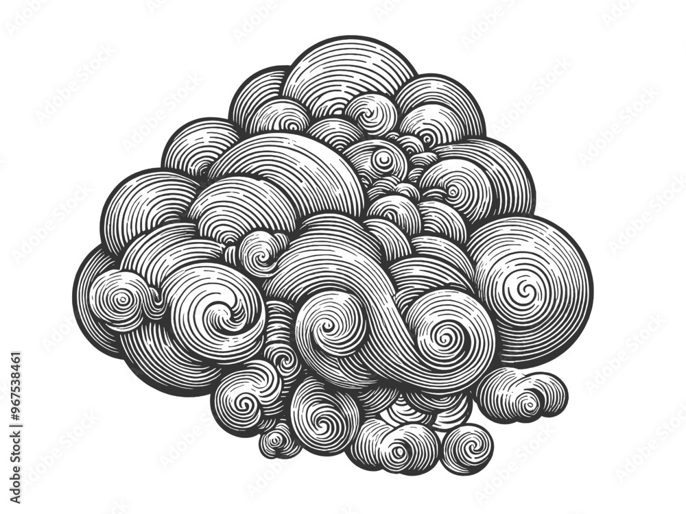 Poster cloud swirling, stylized cloud design with circular patterns, creating a dynamic, abstract look sket