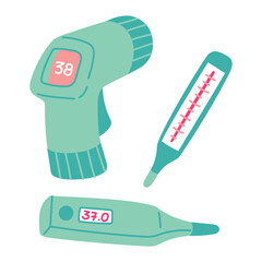 set of thermometers. Non-contact infrared, mercury, electronic thermometers. Colored flat blue elements for measuring temperature in case of illness. Illness, cold, high fever. Degree indicators