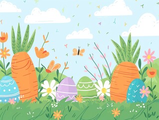 Easter egg hunt, cartoon carrots, Easter treats, spring icons, flat design illustration