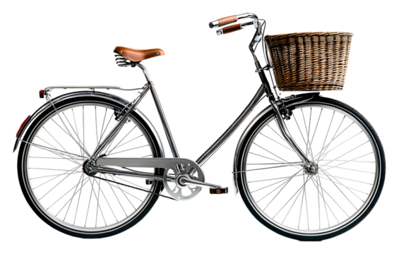 Classic bicycle with a wicker basket isolated on transparent background