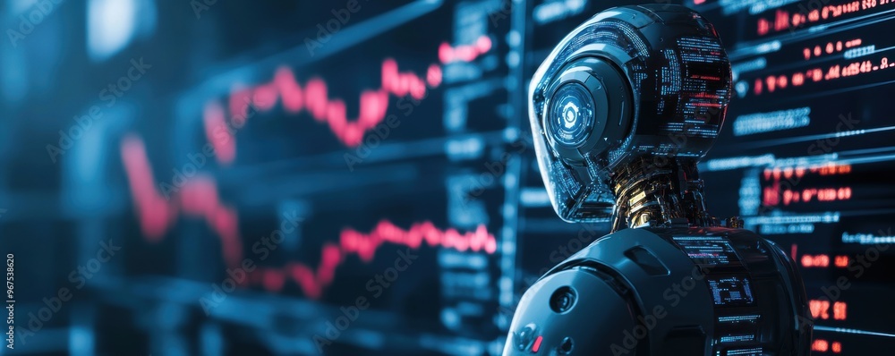 Aufkleber robot analyzing financial data on digital screens. technology and ai in finance concept