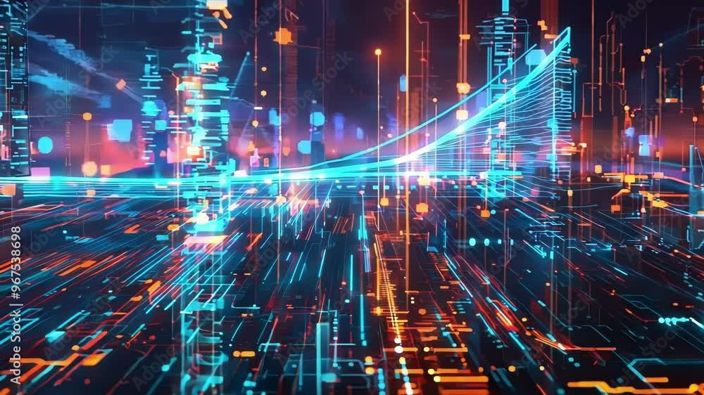 Poster complex network of connections flowing through a futuristic cityscape, creating a mesmerizing displa