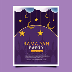 Ramadan Islamic flyer social media template. Ramadan Kareem paper cut vector poster with lantern, star
