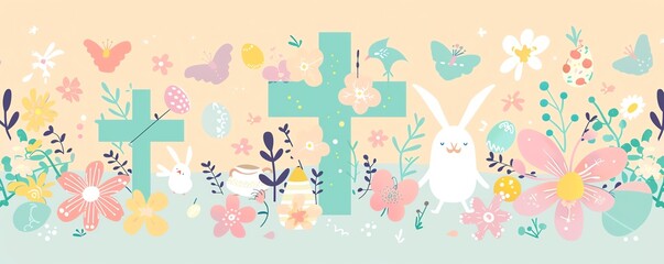 Obraz premium Cute crosses, pastel colors, religious symbols, Easter bonnet, Easter brunch, flat design illustration