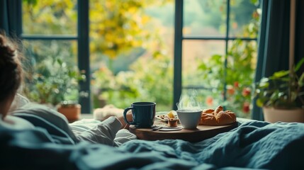 Relaxing morning in a cozy bedroom with breakfast tray by the window overlooking a lush garden on a peaceful day