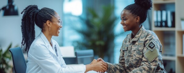 Fototapeta premium Military personnel and doctor shaking hands in office. Military healthcare and partnership concept.