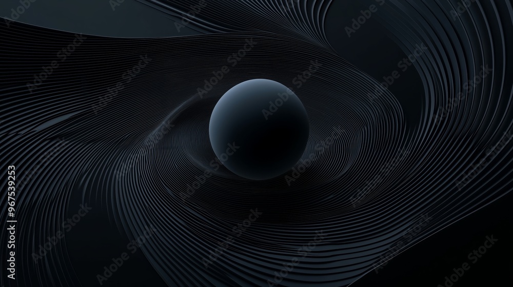 Poster abstract and minimal curved elliptical lines and a 3d sphere in the middle on a back background.