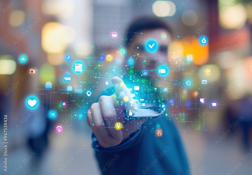 Poster digital interaction: man navigates a network of icons