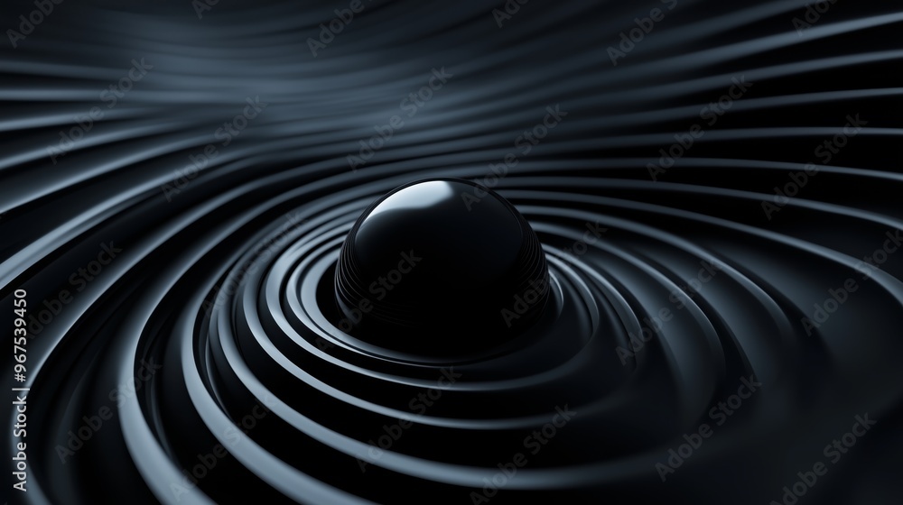 Poster abstract and minimal curved elliptical lines and a 3d sphere in the middle on a back background.