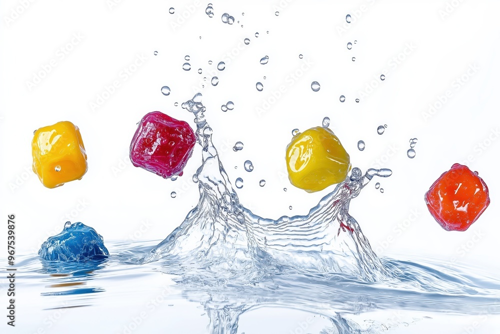 Poster colorful candy cubes splashing in water creating a big splash on white background