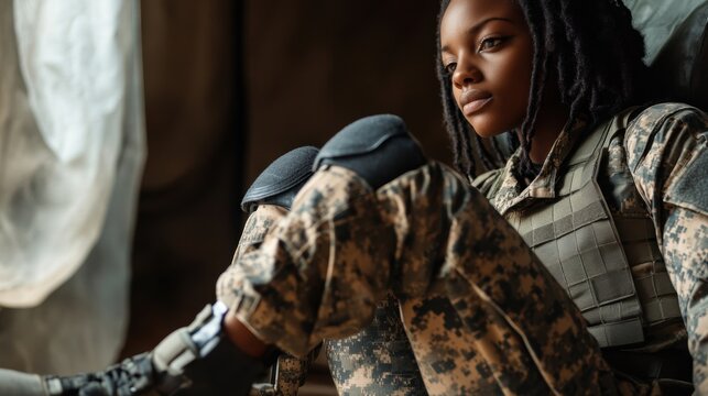African American female soldier in military gear reflecting. - Powered by Adobe