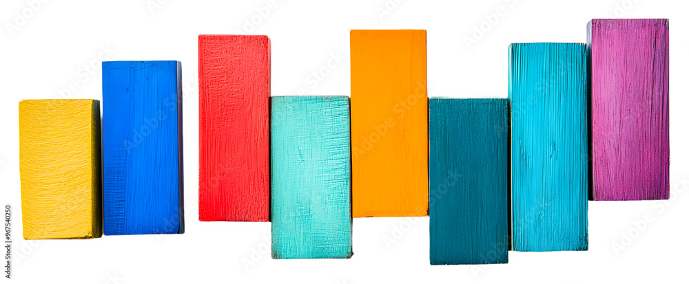 Poster colorful wooden blocks in a playful pattern isolated on transparent background