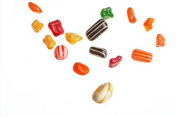 Colorful candy is flying on white background