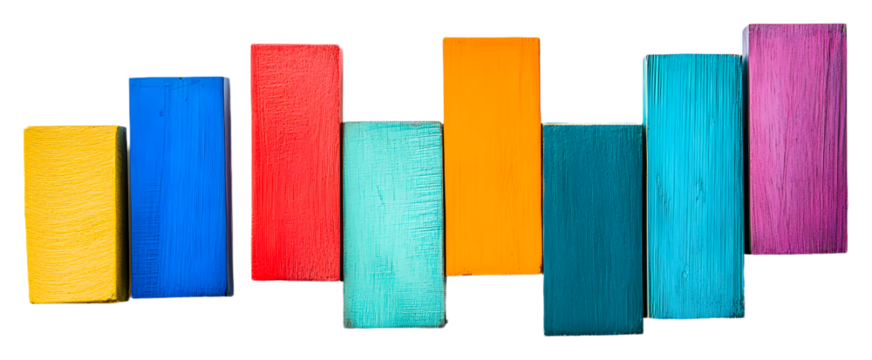 Colorful wooden blocks in a playful pattern isolated on transparent background