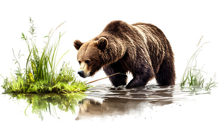 Obraz premium A brown bear wading through shallow water while foraging for food isolated on transparent background