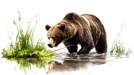 A brown bear wading through shallow water while foraging for food isolated on transparent background