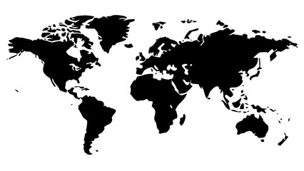 A black and white world map with the continents of Africa, Asia, Europe