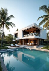 Fototapeta premium Exterior of amazing modern minimalist cubic villa with large swimming pool among palm tree