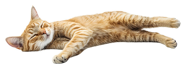 Relaxed orange tabby cat lying comfortably isolated on transparent background