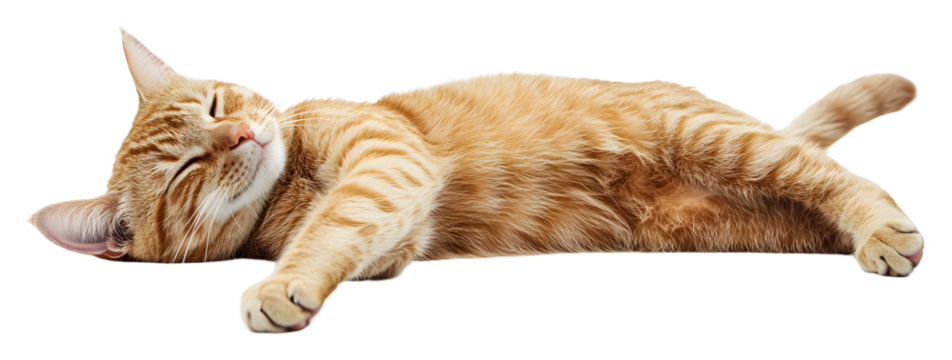 Relaxed orange tabby cat lying comfortably isolated on transparent background