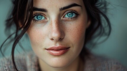 Fototapeta premium Woman with Dark Hair and Blue Eyes Natural Smile Group , Dark Hair, Blue Eyes