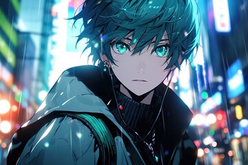 anime guy with dark hair and green eyes on a blurred background of a night shining city in the rain
