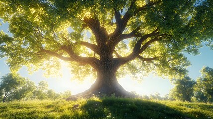 Fototapeta premium Majestic ancient oak tree, vibrant green foliage, expansive canopy, intricate root system visible, bright sunlight filtering through leaves, lush grass surrounding tree base.