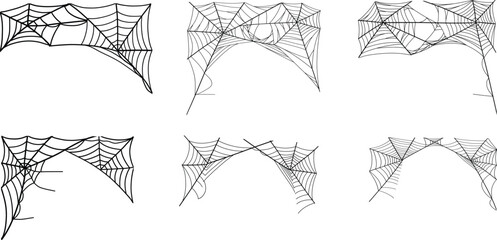 Set of vector spider web silhouettes. Cobweb clip art and sticker collection for halloween, tattoo, background. Black gossamer decorative elements collection