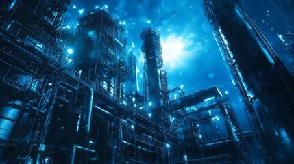 A city skyline with a blue sky and a bright light shining on the buildings