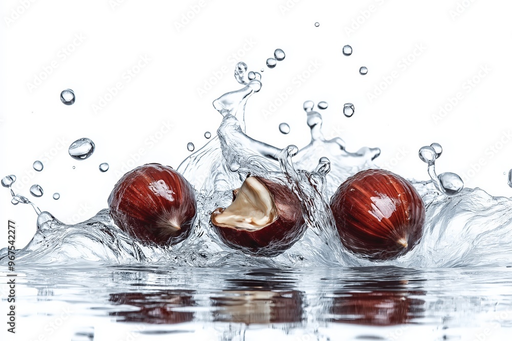 Poster chestnuts falling into water creating splash on white background