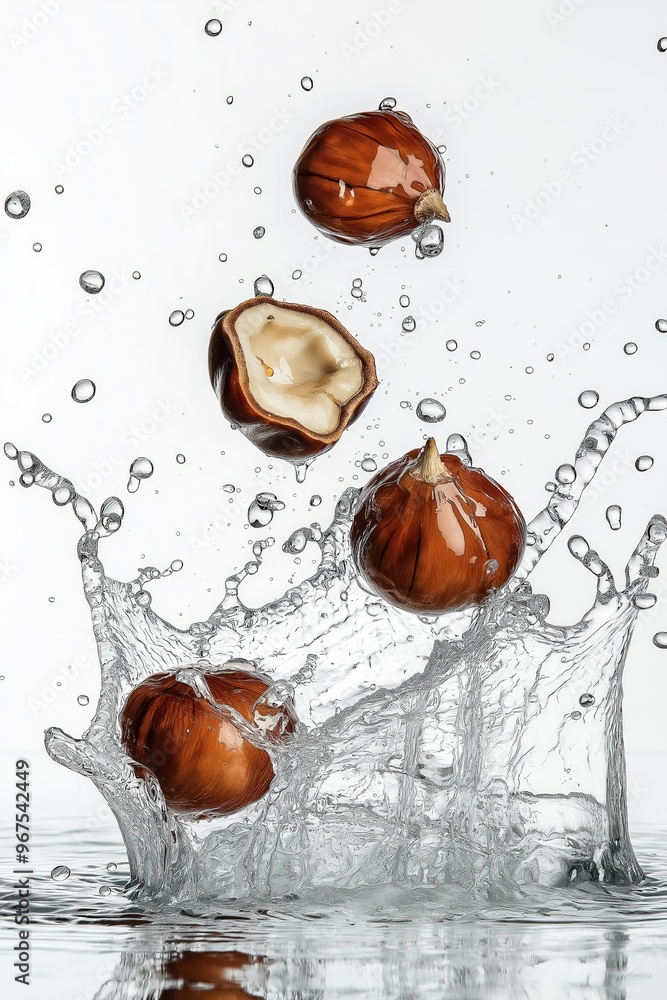 Poster hazelnuts splashing into water creating a refreshing explosion