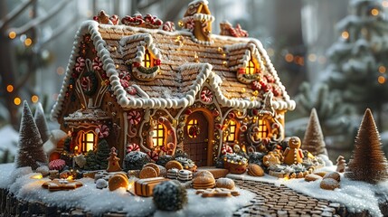 Fototapeta premium An intricately decorated gingerbread house surrounded by Christmas cookies and candies. Capture the sweet essence of holiday traditions