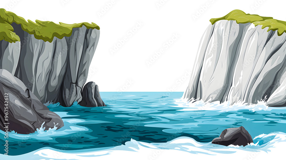 Poster rocky cliffs with crashing waves at coastal shoreline isolated on transparent background