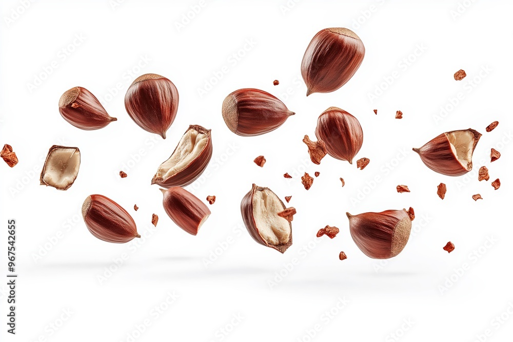 Poster hazelnuts exploding in midair on white background