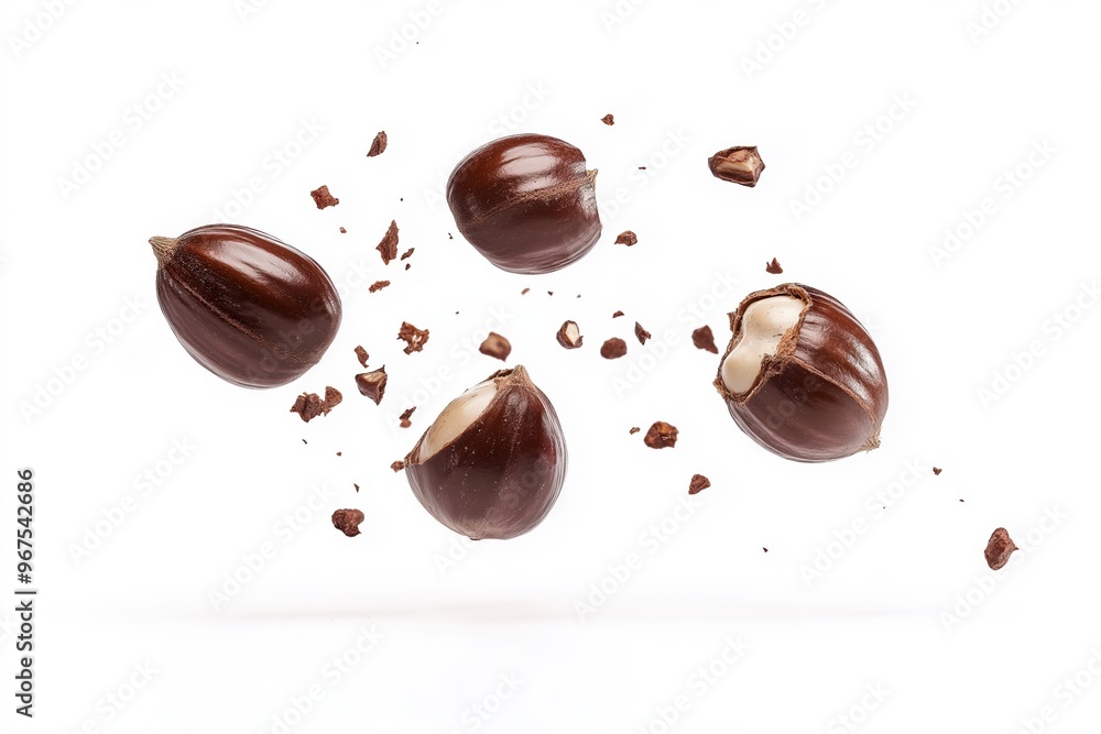 Poster hazelnuts exploding with shell and kernel pieces flying