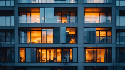 Modern gray building facade, geometric glass windows, sleek architectural lines, reflective surfaces, warm interior lighting, dusk atmosphere, minimalist design, urban cityscape.