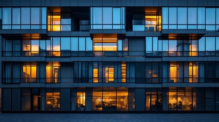 Modern gray building facade, geometric glass windows, sleek architectural lines, reflective surfaces, warm interior lighting, dusk atmosphere, minimalist design, urban cityscape.
