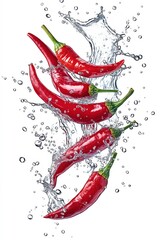 Red chili peppers splashing in water on white background