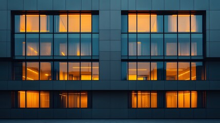 Modern gray building facade, geometric glass windows, sleek architectural lines, reflective surfaces, warm interior lighting, dusk atmosphere, minimalist design, urban cityscape.