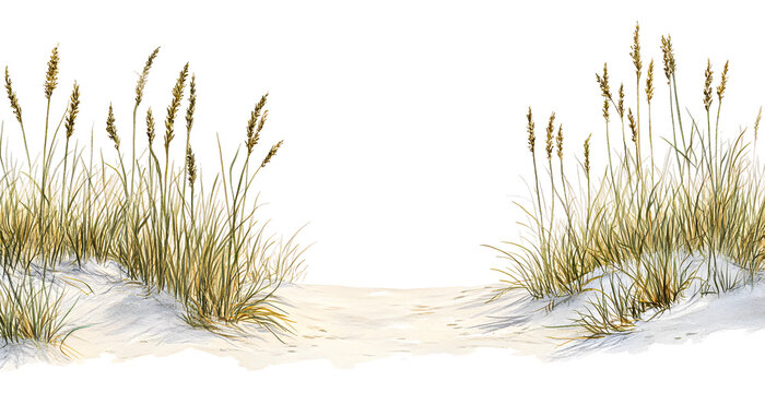 Coastal dune grass growing beside a sandy path at the beach isolated on transparent background