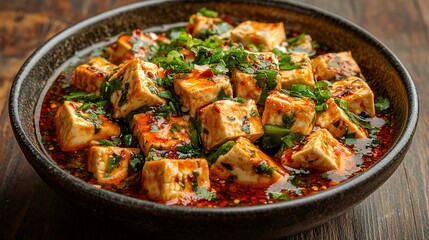 Sichuan-style Mala Tofu Dish with Rich Red Chili Oil and Delicate White Cheese Cubes on Wooden Table. Traditional Chinese Cuisine with Vibrant Colors and Top View Aesthetics.