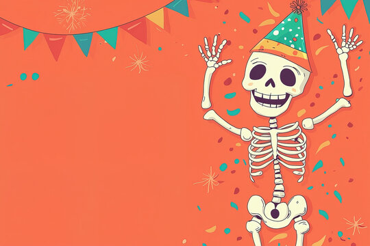 Birthday celebration postcard cute cartoon happy skeleton in festive party hat on orange background with garland with copy space