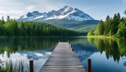 Tranquil wooden pier extending into serene lake embraced by lush green forest and majestic mountains, ideal for nature lovers seeking peace.