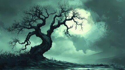 Fototapeta premium A haunting tree silhouette against a moody night sky, illuminated by a glowing full moon, perfect for eerie themes.