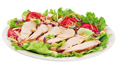 prato com salada de alface, rúcula e tomate acompanhado de tiras de filé de frango grelhado isolado em fundo transparente