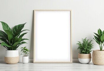 Minimalist mockup space with blank poster frame surrounded by lush indoor plants. Modern and fresh decor inspiration