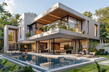 Obraz premium Modern house with swimming pool and garden, concrete walls, wooden windows, daylight rendering, blue sky, 3D render, high resolution.
